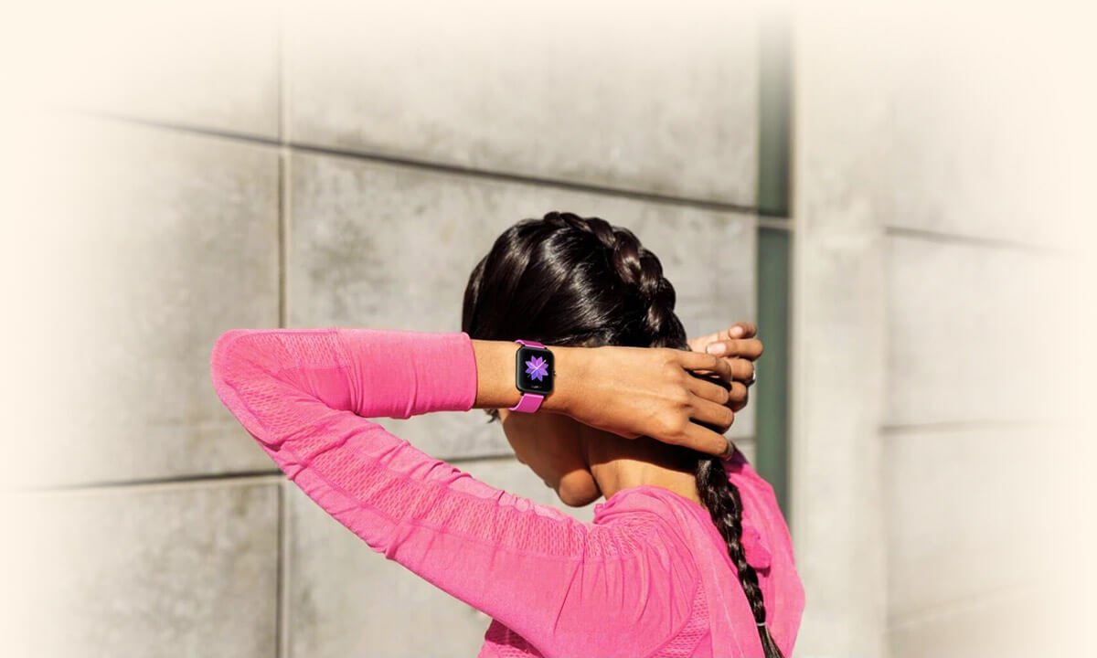 Zeblaze GTS Purple strap smartwatch on girl