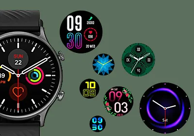 Zeblaze Btalk 2 Lite with many watch faces on a green background