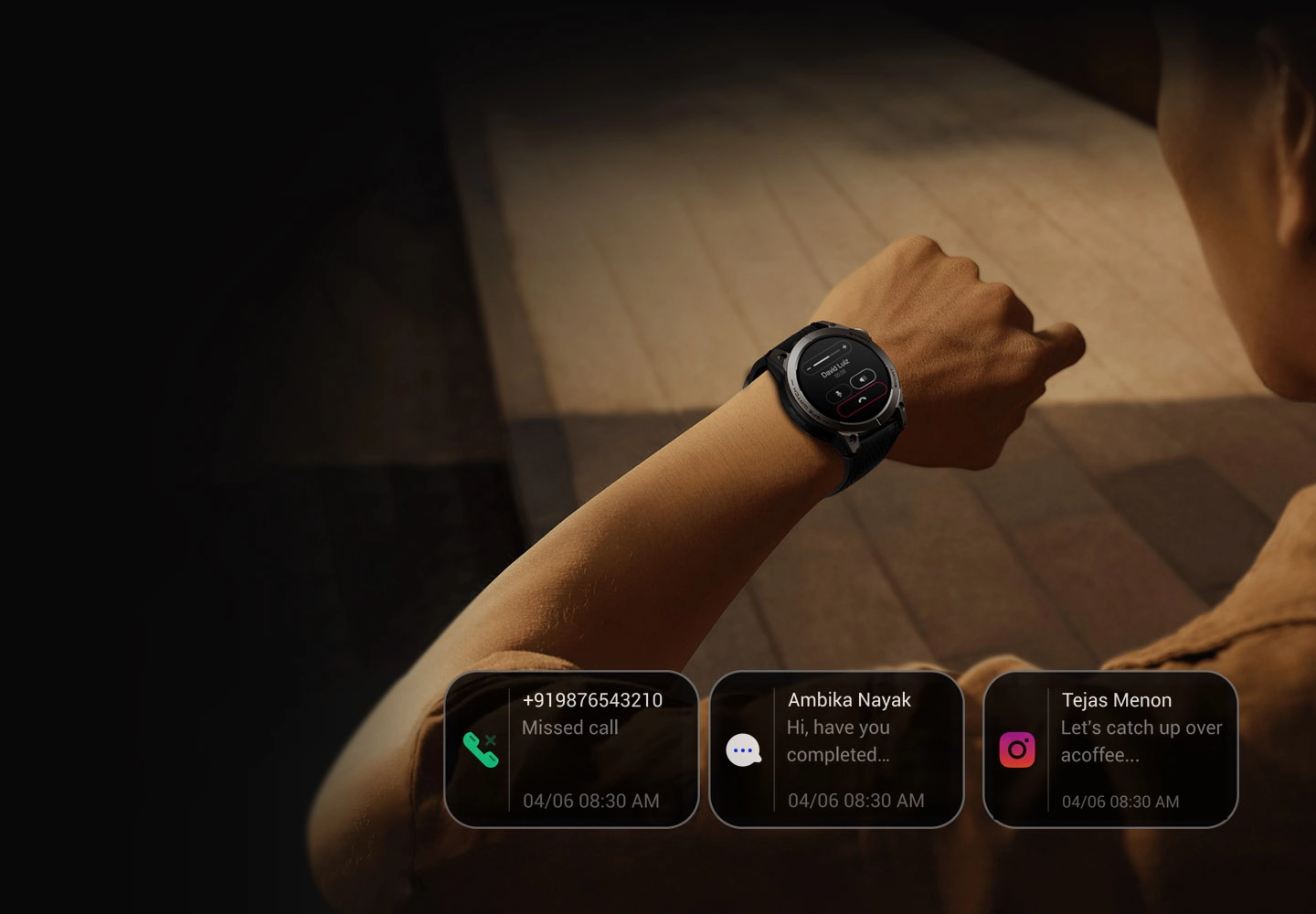Zeblaze Stratos 3 with Bluetooth Call screen on a man's wrist